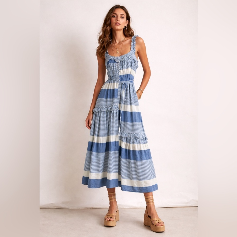 Apiece Apart Lypie Tiered Ruffle Midi Dress In Blue & White Stripe. Size 2